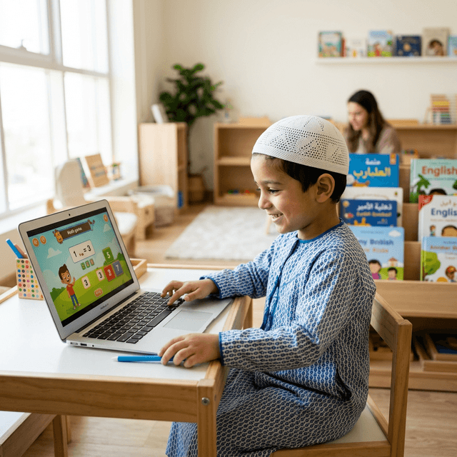 A child happily learning Quran online with a friendly teacher